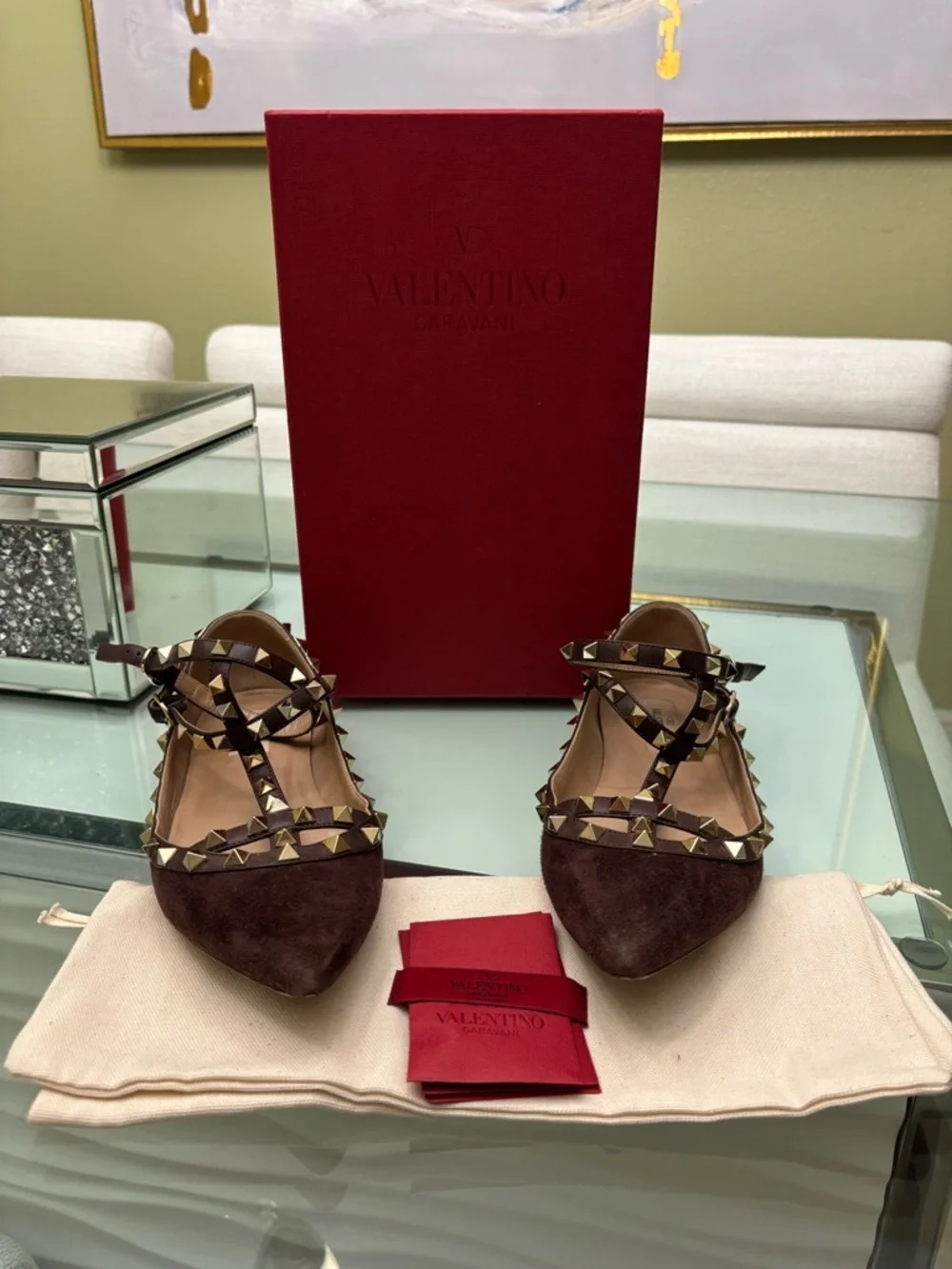 Authentic Valentino Brown Suede Rockstud Caged Pointed-Toe Flats
